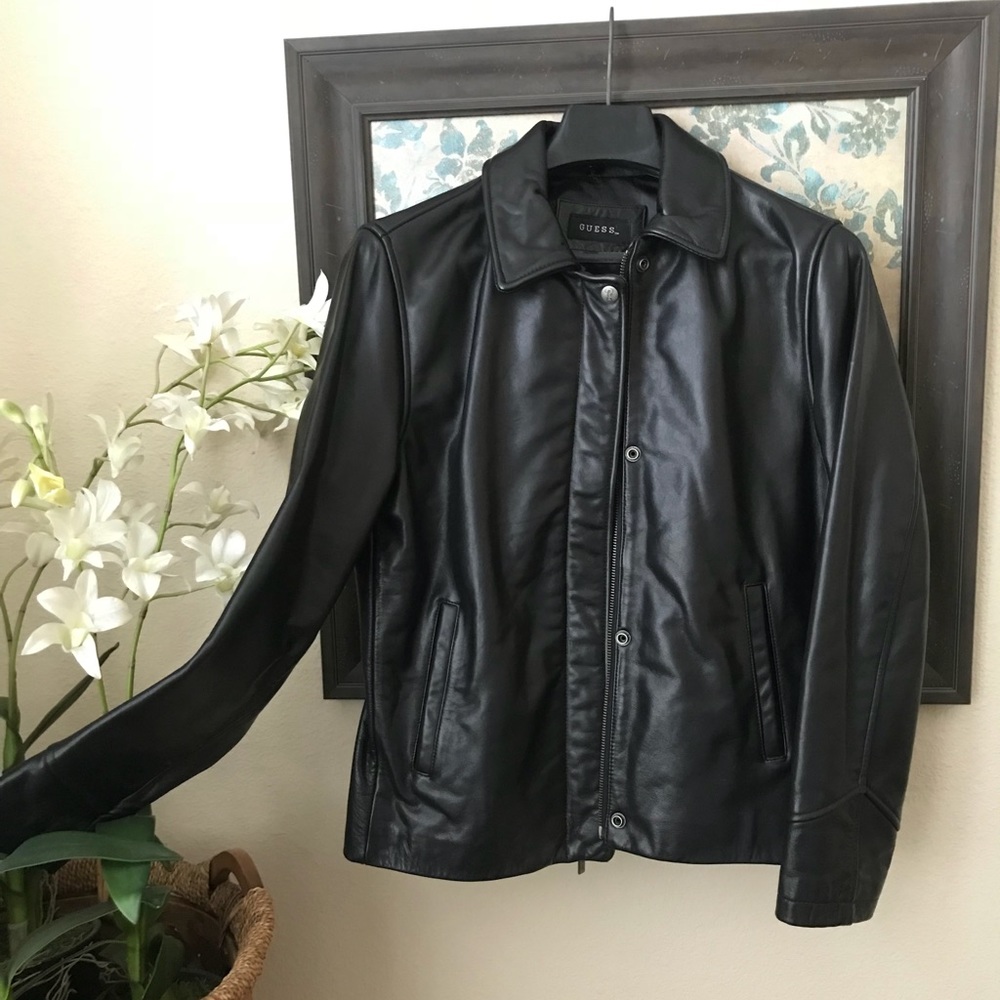 Guess vintage 90s black leather aviator jacket S